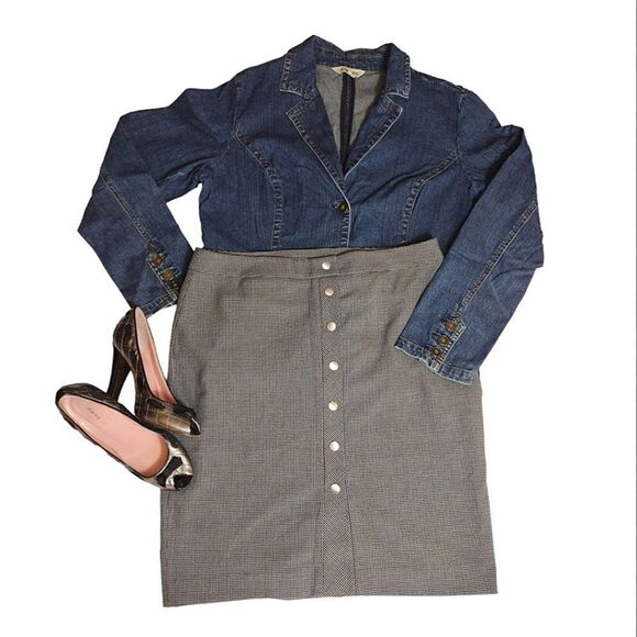 LOFT Grey Black Houndstooth Button Front Lined Straight Skirt Size 12 - Picture 2 of 15